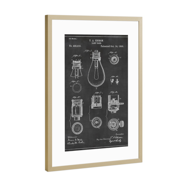 Poster mit Rahmen Gold "Edison Glühbirne 2" artboxONE - Schwarzweiß,Retro - Edison,Glühbirne,Retro,Vintage,Patent