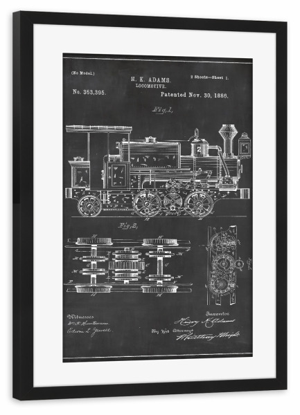 Poster mit Rahmen schwarz "Retro Lokomotive" artboxONE - Schwarzweiß,Retro - Zug,Lokomotive,Retro,Vintage,Patent,Eisenbahn