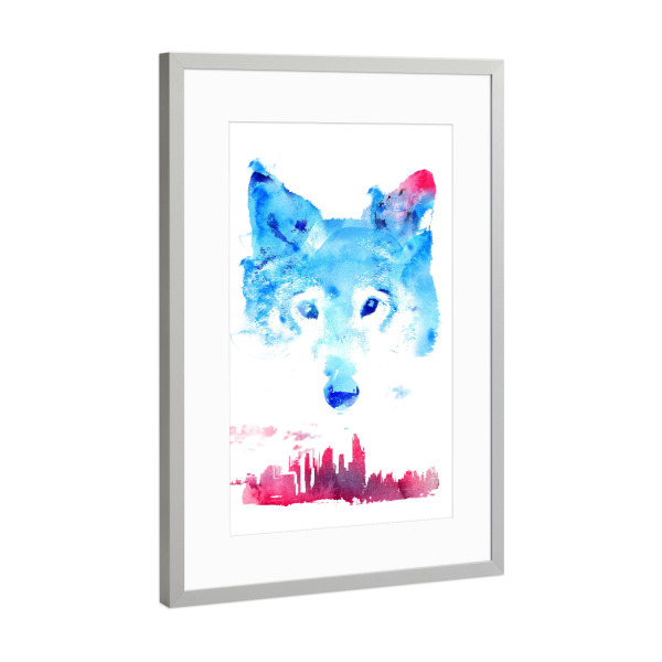 Poster mit Rahmen Silber "The guardian" artboxONE - Tiere - Wolf,Stadt