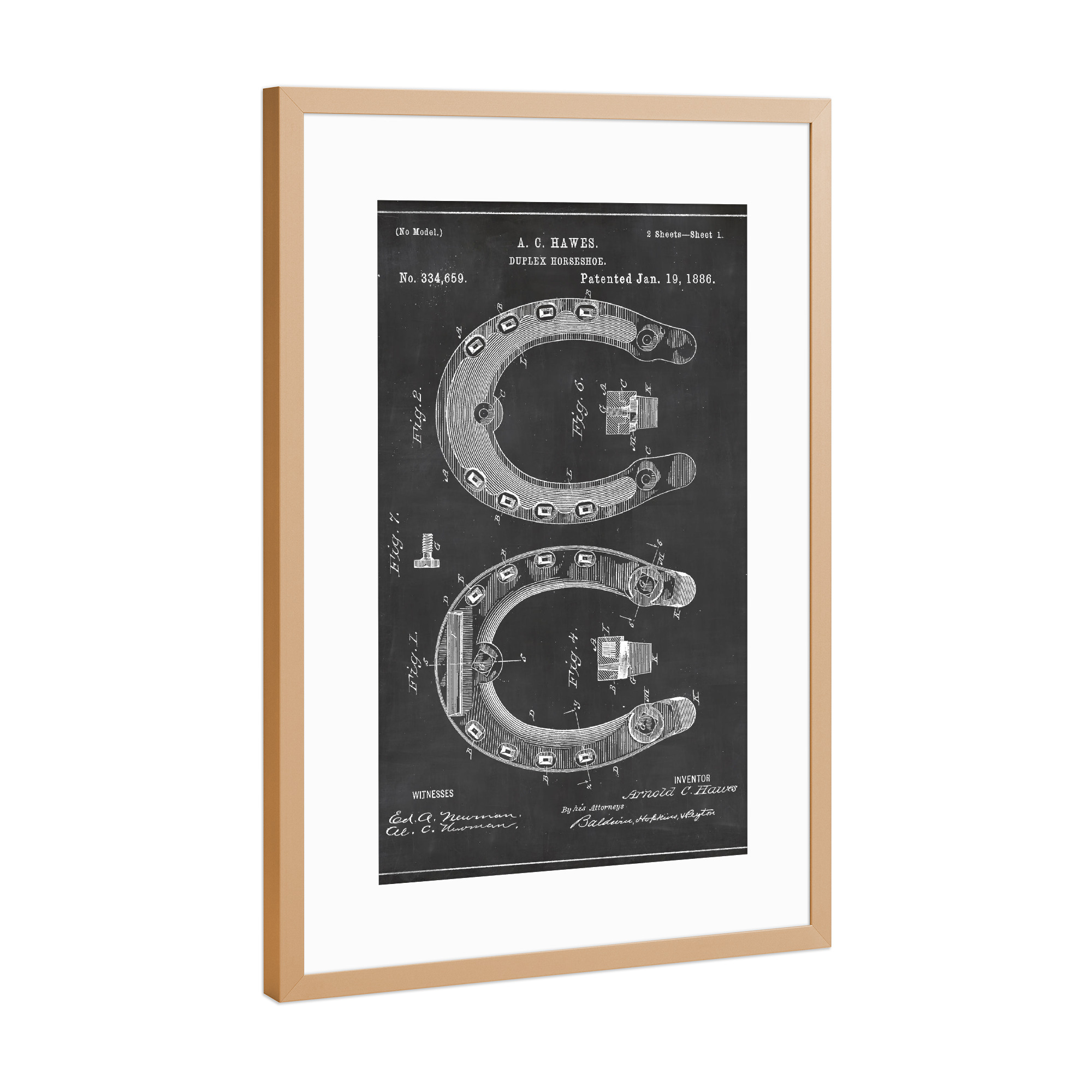 Poster mit Rahmen Kupfer "Hufeisen patent" artboxONE - Tiere,Schwarzweiß,Sport - Hufeisen,Patent,Vintage,Retro,Pferd,Pferderennen,Rennen,Pferdesport