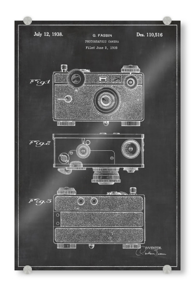 Acrylglasbild "Retro Kamera" artboxONE - Schwarzweiß,Retro - Retro,Kamera,Vintage,Patent,Fotoapparat