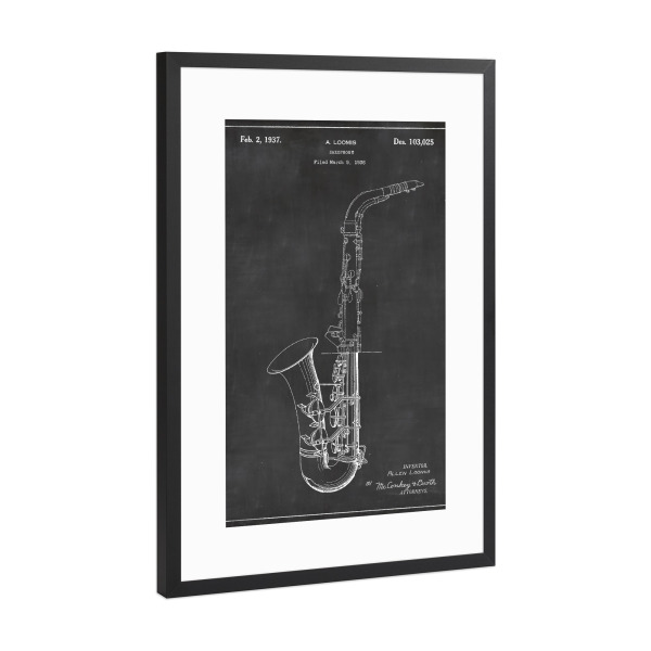 Poster mit Rahmen Schwarz (Metallic) "Saxophon patent" artboxONE - Schwarzweiß,Musik - Saxophon,Patent,Jahrgang,Retro,Musik,Musikinstrument,Jazz,Blues