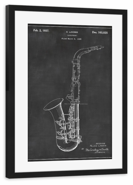 Poster mit Rahmen schwarz "Saxophon patent" artboxONE - Schwarzweiß,Musik - Saxophon,Patent,Jahrgang,Retro,Musik,Musikinstrument,Jazz,Blues
