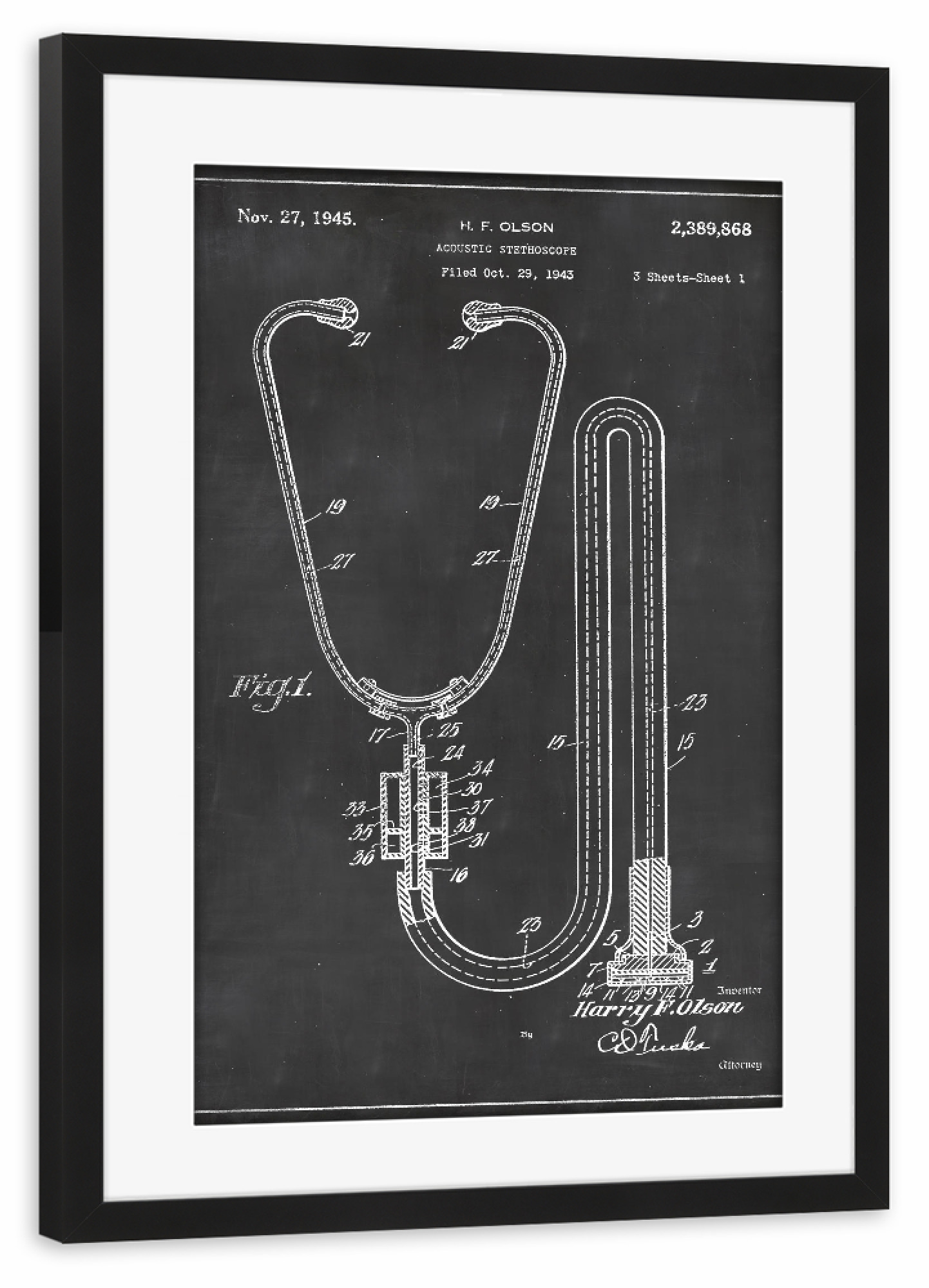 Poster mit Rahmen schwarz "Stethoskop patent" artboxONE - Schwarzweiß,Retro