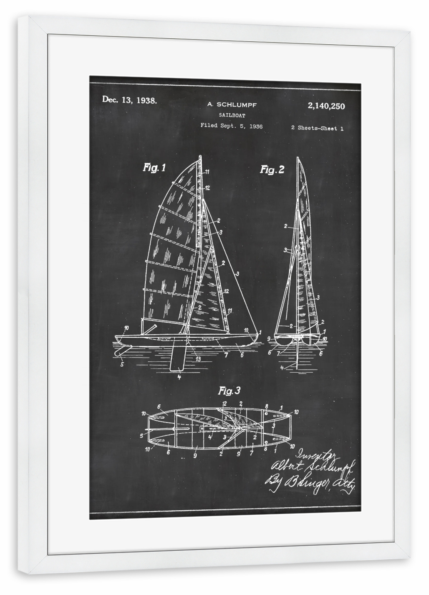 Poster mit Rahmen weiß "Segelboot patent" artboxONE - Reise,Schwarzweiß,Reise / Strand und Meer,Retro