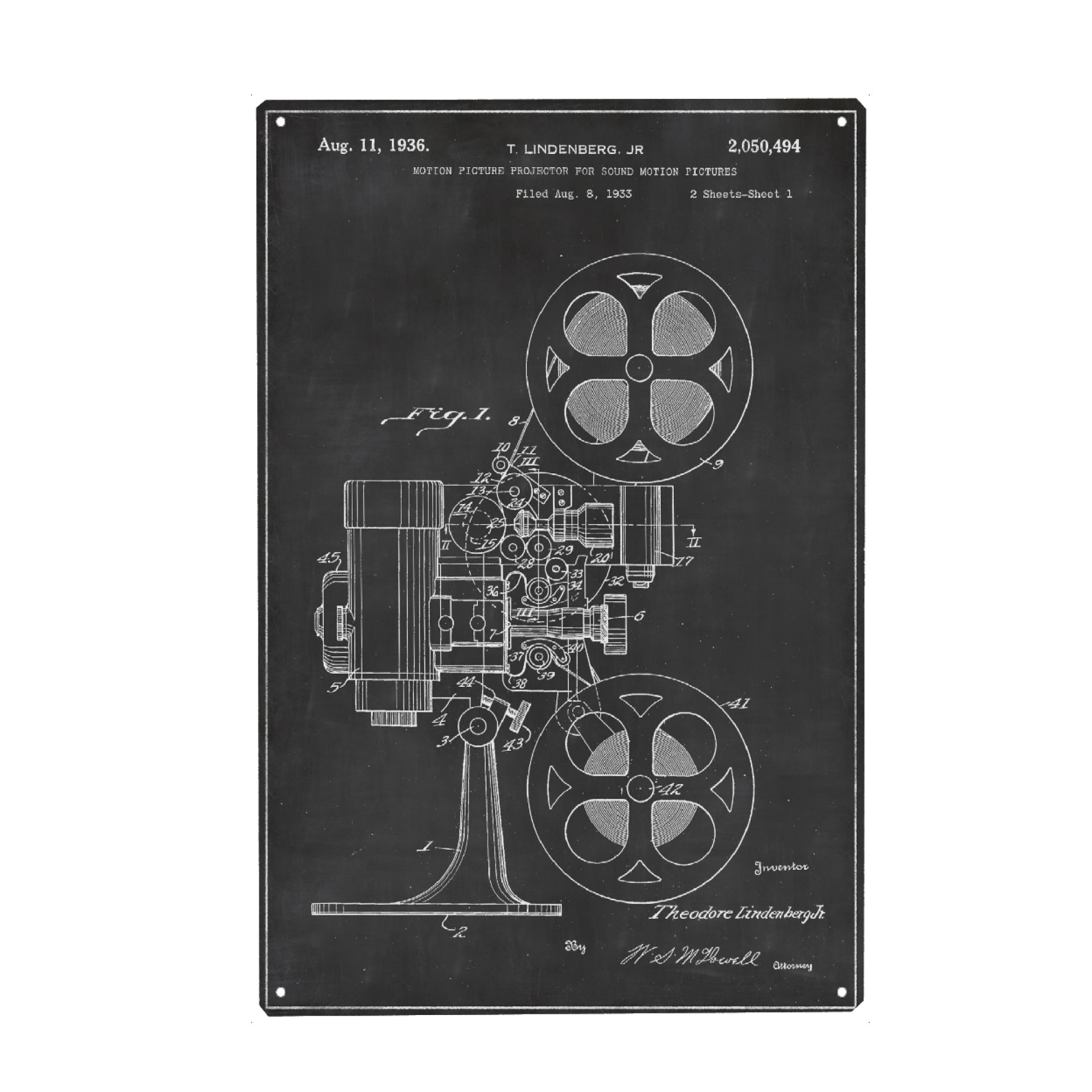 Metall Poster "Retro Filmprojektor patent" artboxONE - Film,Schwarzweiß,Retro - Retro,Filmprojektor,Patent,Vintage,Film - Blechschild