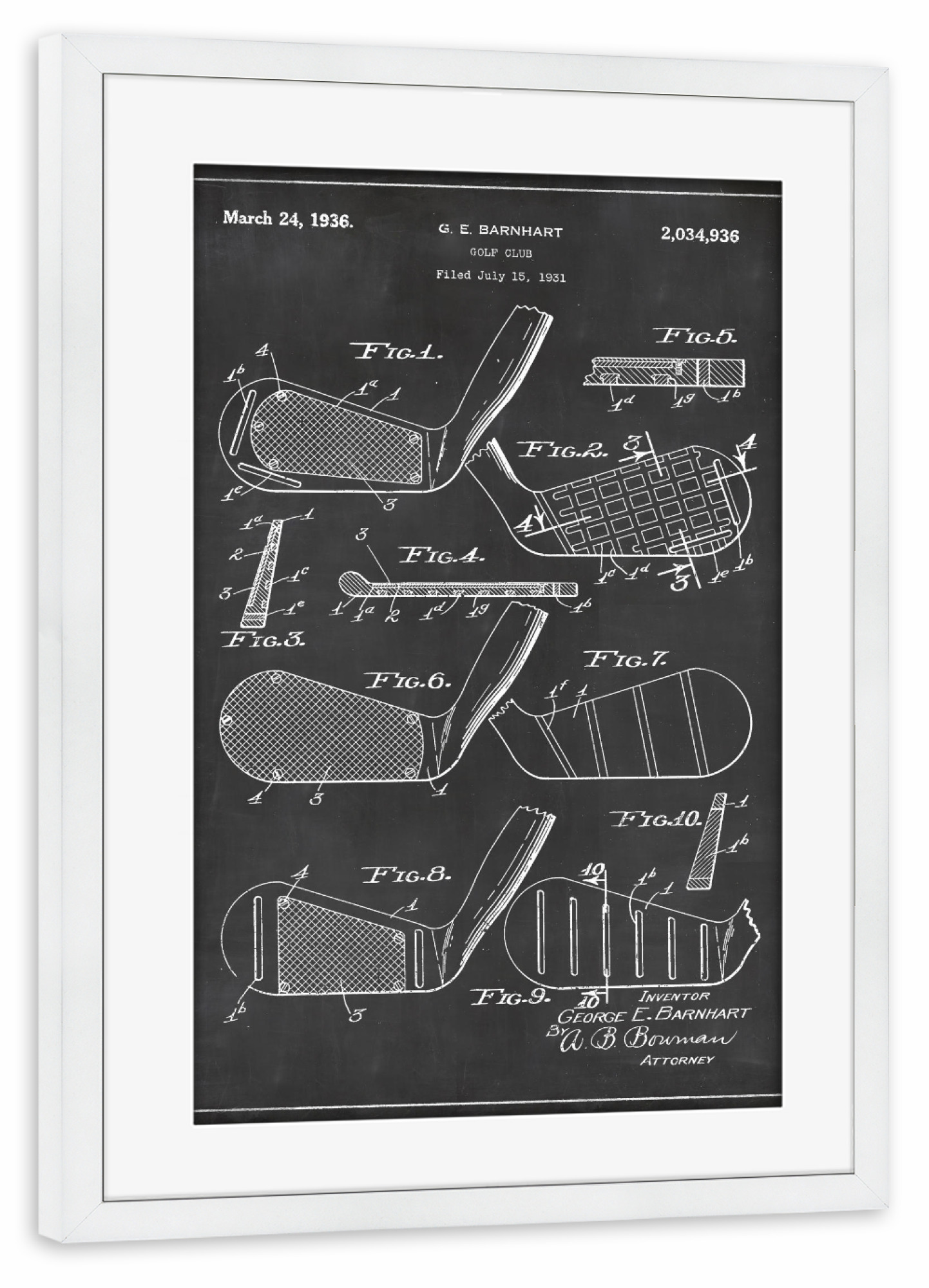 Poster mit Rahmen weiß "Golfschläger patent" artboxONE - Schwarzweiß,Sport,Retro - Golfschläger,Patent,Golf,Vintage,Sport,Retro