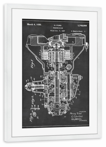 Poster mit Rahmen weiß "Pkw-Getriebe" artboxONE - Schwarzweiß,Automobile,Retro - Pkw-getriebe,Retro,Automobile,Vintage,Patent