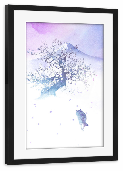 Poster mit Rahmen schwarz "Long way to fuji" artboxONE - Natur,Tiere - Fuji,Tree,Wolf