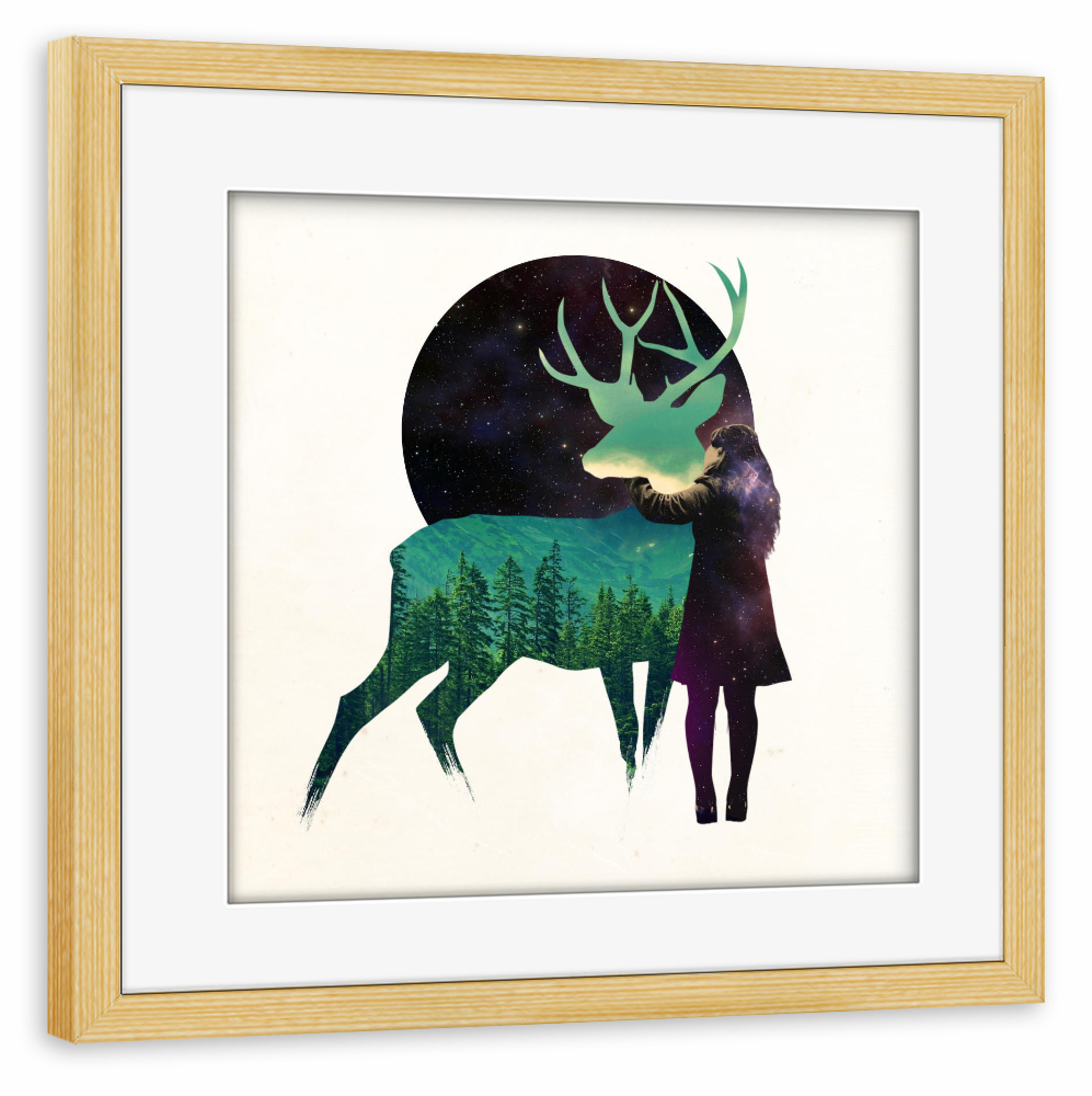 Poster mit Rahmen kiefer "Let the universe love you" artboxONE - Tiere - Hirsch,Mädchen