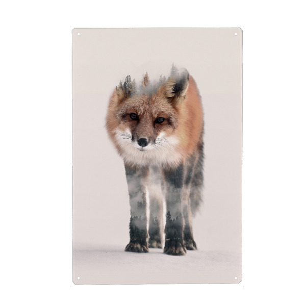 Holzbild "Hondo Kitsune" artboxONE - Natur,Tiere,Fiktion - Fuchs,Kitsune,Japan,Tier,Fiel,Winter,Natur,Doppelte aussetzung,Wald,Landschaft,Verschmelzen