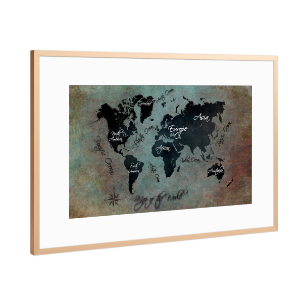 Poster mit Rahmen Kupfer "World map 30 text" artboxONE - Reise,Kartografie