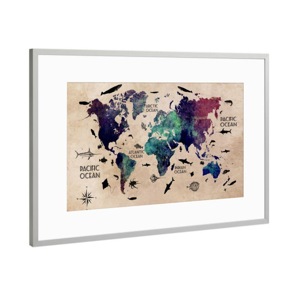 Poster mit Rahmen Silber "Bunte Weltkarte" artboxONE - Reise,Kartografie - World map,Weltkarte,Farben