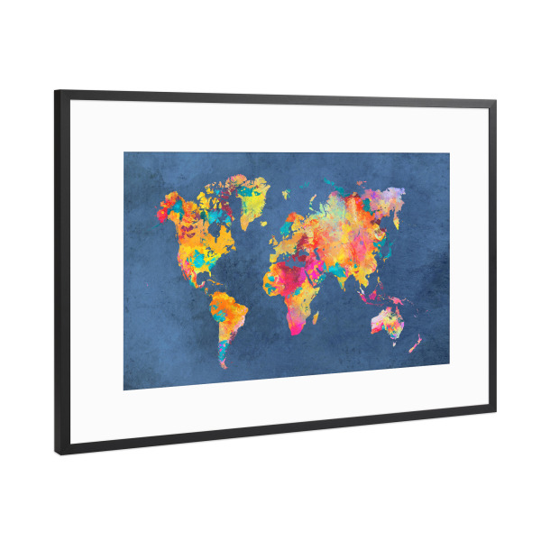 Poster mit Rahmen Schwarz (Metallic) "World map 23 blue" artboxONE - Reise,Kartografie