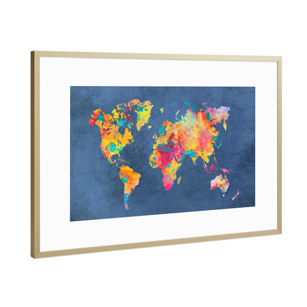 Poster mit Rahmen Gold "World map 23 blue" artboxONE - Reise,Kartografie