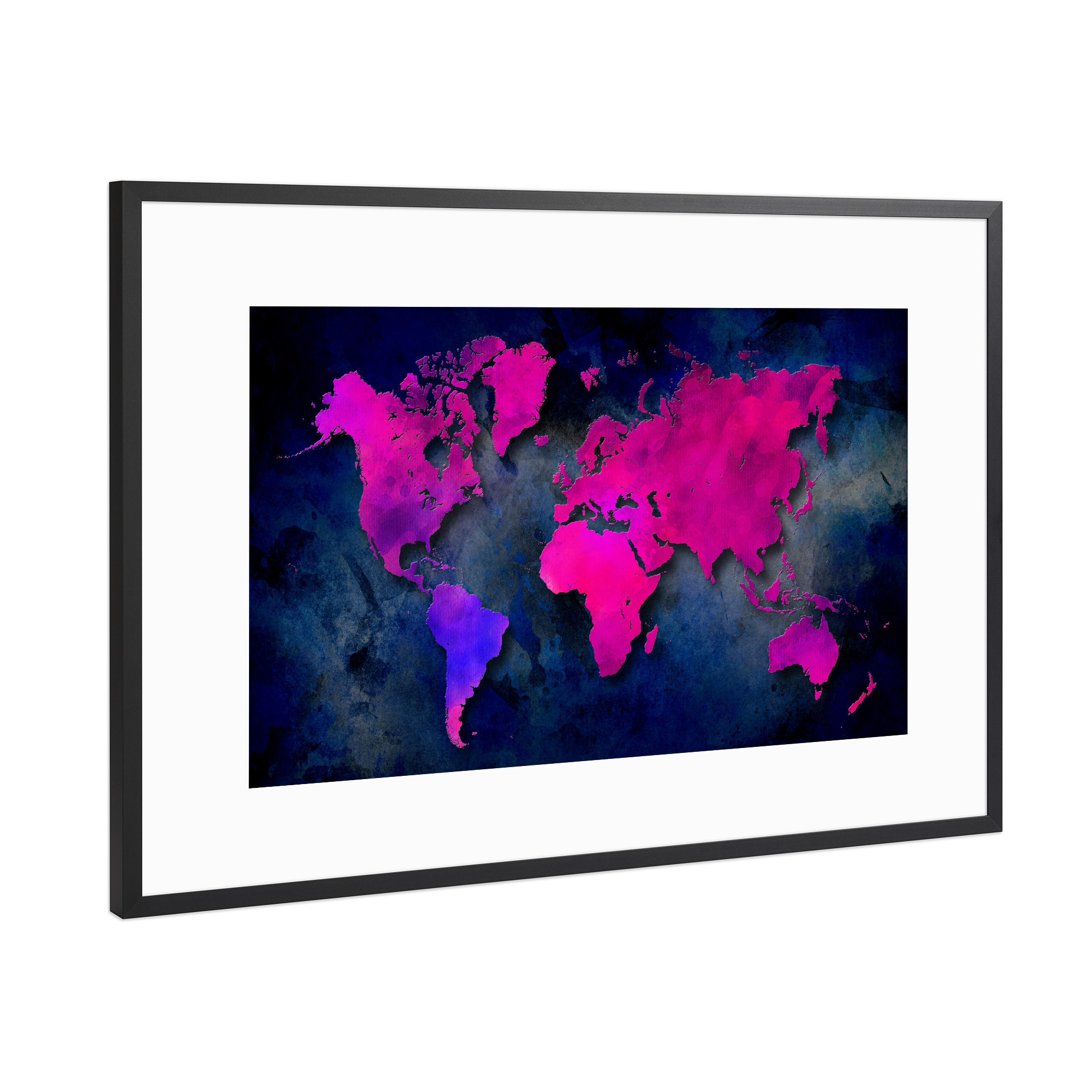 Poster mit Rahmen Schwarz (Metallic) "World map 21 purple" artboxONE - Kartografie