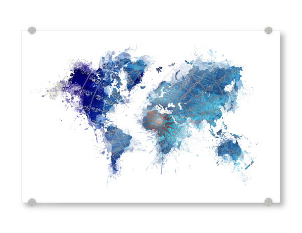 Acrylglasbild "World map 16 blue splash" artboxONE - Reise,Kartografie
