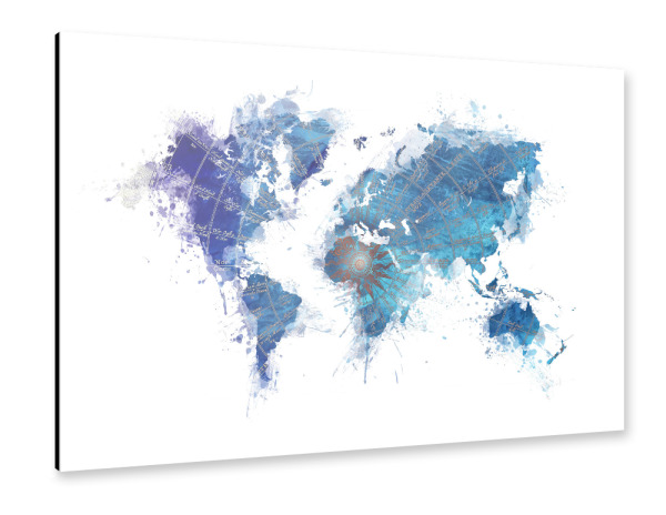 Alu-Dibond "World map 16 blue splash" 30x20 cm artboxONE