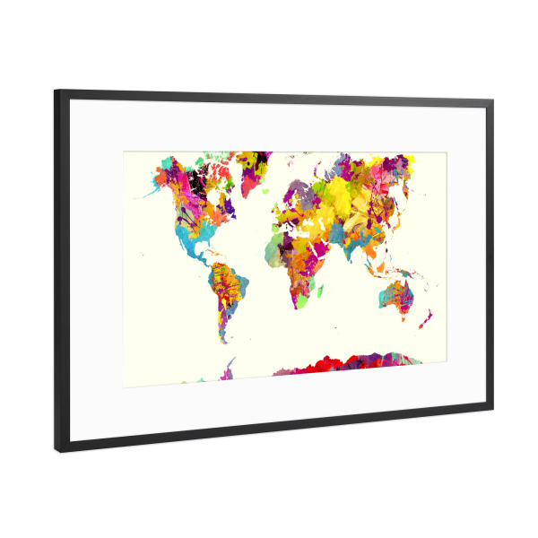 Poster mit Rahmen Schwarz (Metallic) "World map 9 colored" artboxONE - Kartografie