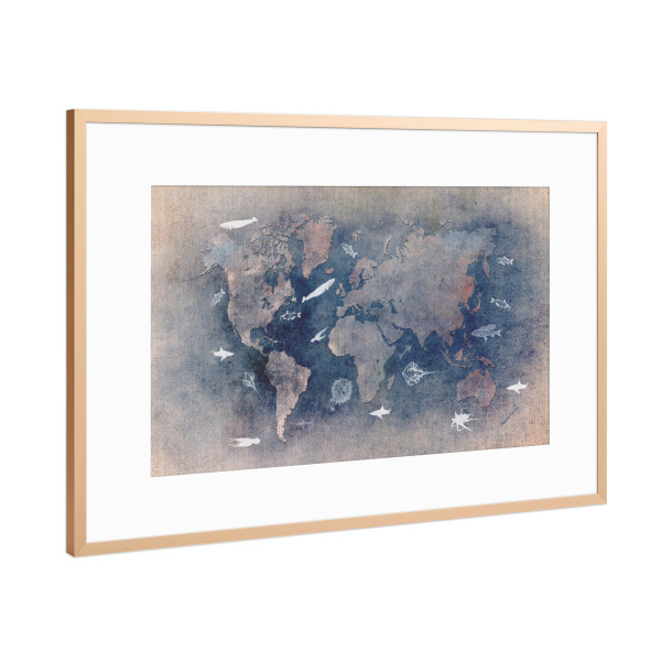 Poster mit Rahmen Kupfer "World map 8 sealife" artboxONE - Kartografie