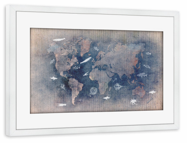 Poster mit Rahmen weiß "World map 8 sealife" artboxONE - Kartografie