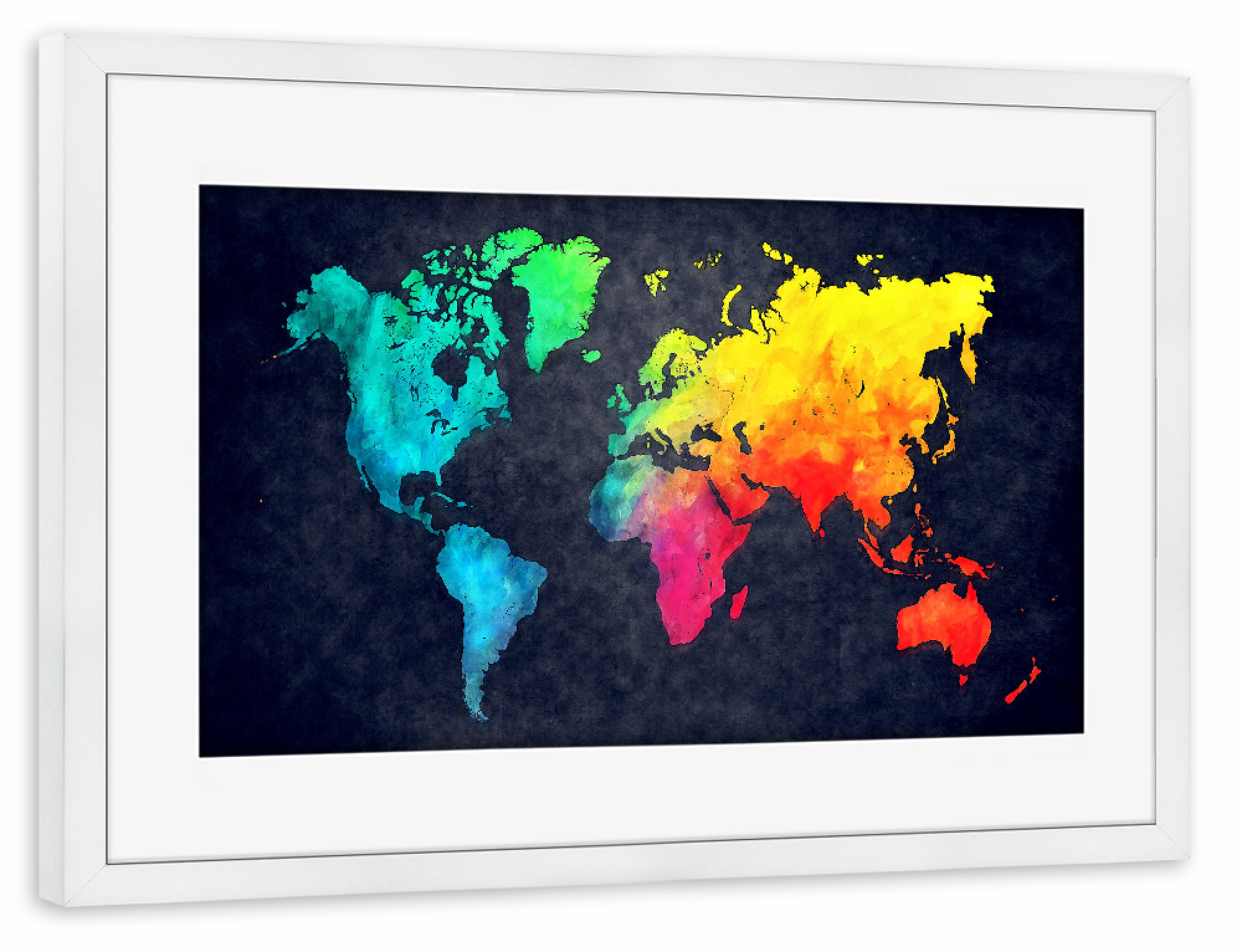 Poster mit Rahmen weiß "World map 4 dark colored" artboxONE - Kartografie