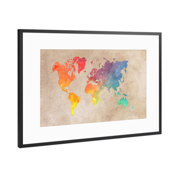 Poster mit Rahmen Schwarz (Metallic) "World map 1 colored" artboxONE - Reise,Kartografie