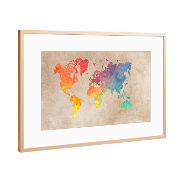 Poster mit Rahmen Kupfer "World map 1 colored" artboxONE - Reise,Kartografie