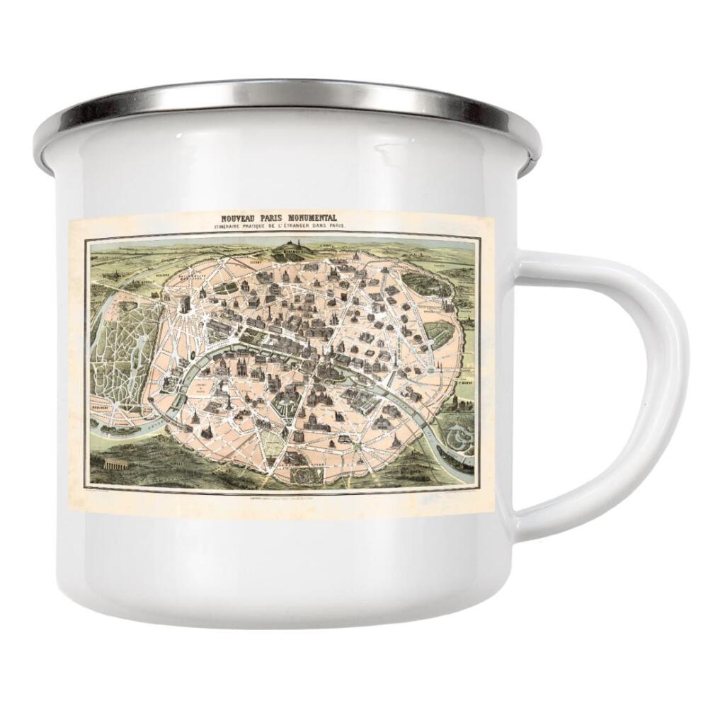 Emaille Tasse "Nouveau Paris monumental" artboxONE - Kartografie - Karte,Retro,Jahrgang,Bildlich,Alt,Farbe,Flach,Weltkarte,Reise,Souvenir