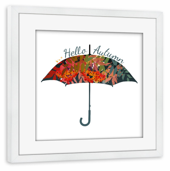 Poster mit Rahmen weiß "Hallo Autumn" artboxONE - Floral,Floral,Fiktion - Herbst,Regen,Regenschirm,Season,Bunt,Blätter