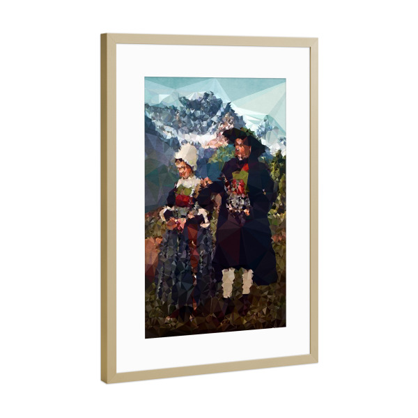 Poster mit Rahmen Gold "Alpenglühn" artboxONE - Abstrakt,Menschen - Heidi,Alpen,Berge,Heimat,Historisch,Bergspitze,Gipfel