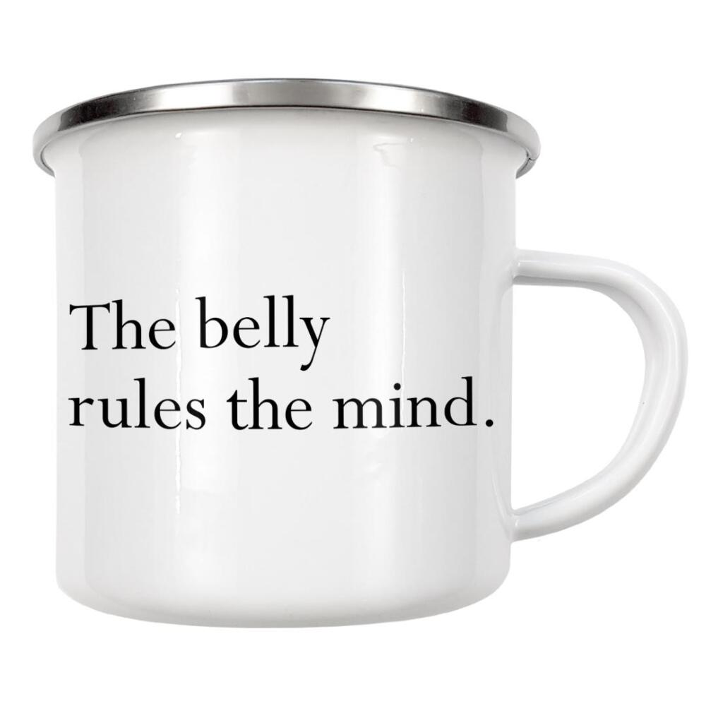 Emaille Tasse "The belly rules the mind" artboxONE - Typografie,Essen & Trinken,Schwarzweiß,Liebe
