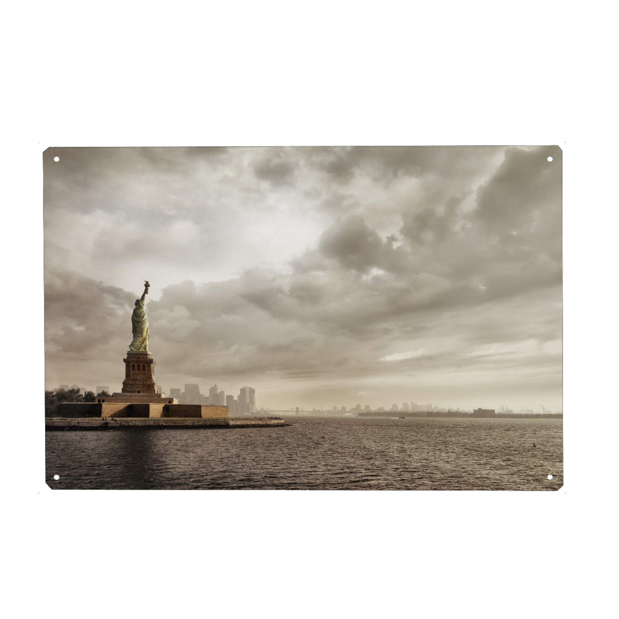 Holzbild "The Lady Lightens The Sky" artboxONE - Städte,Städte / New York,Natur,Reise,Architektur - Ny,Nyc,Manhattan,New york,Usa,Dame liberty
