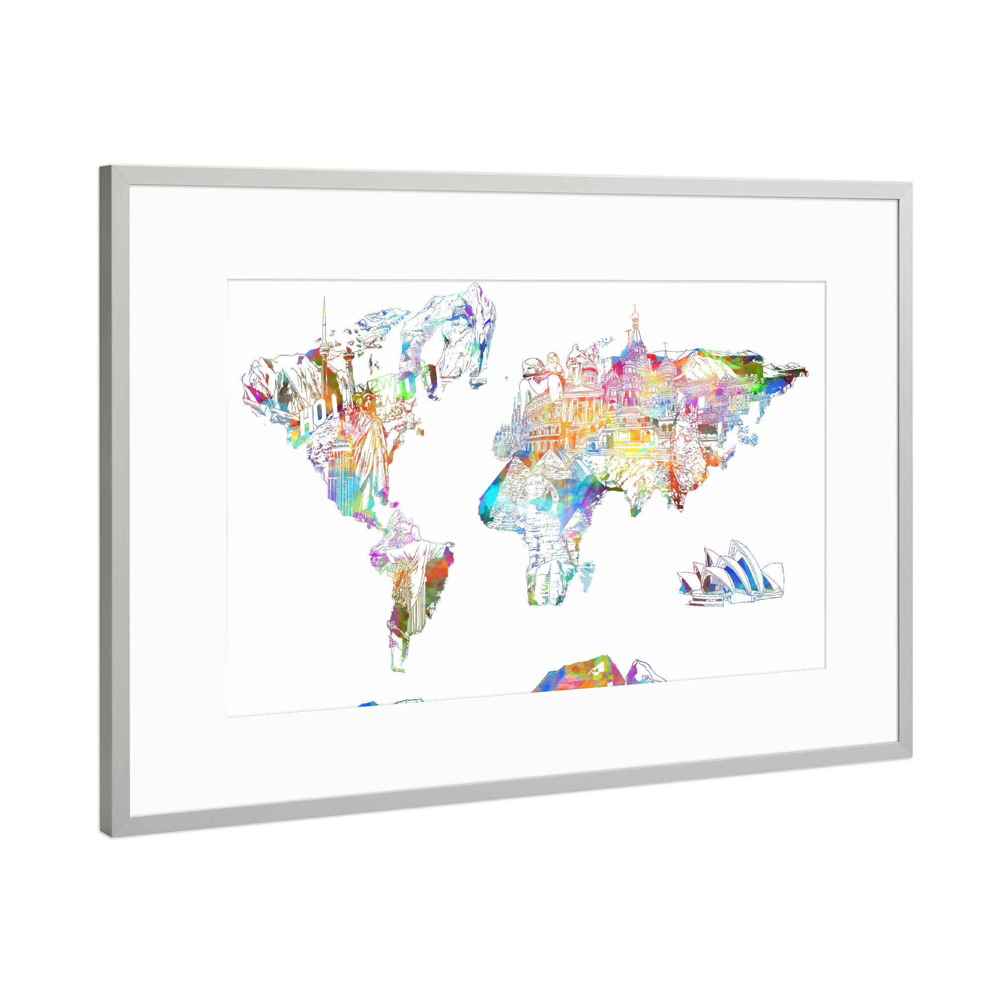 Poster mit Rahmen Silber "World map landmarks collage" artboxONE - Abstrakt,Kartografie