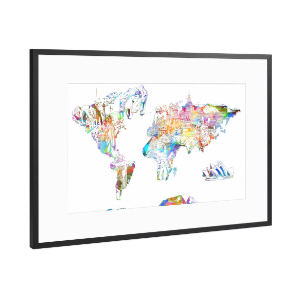 Poster mit Rahmen Schwarz (Metallic) "World map landmarks collage" artboxONE - Abstrakt,Kartografie