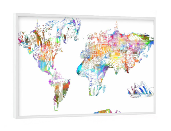 Poster mit weißem Rahmen "World map landmarks collage" artboxONE - Abstrakt,Kartografie