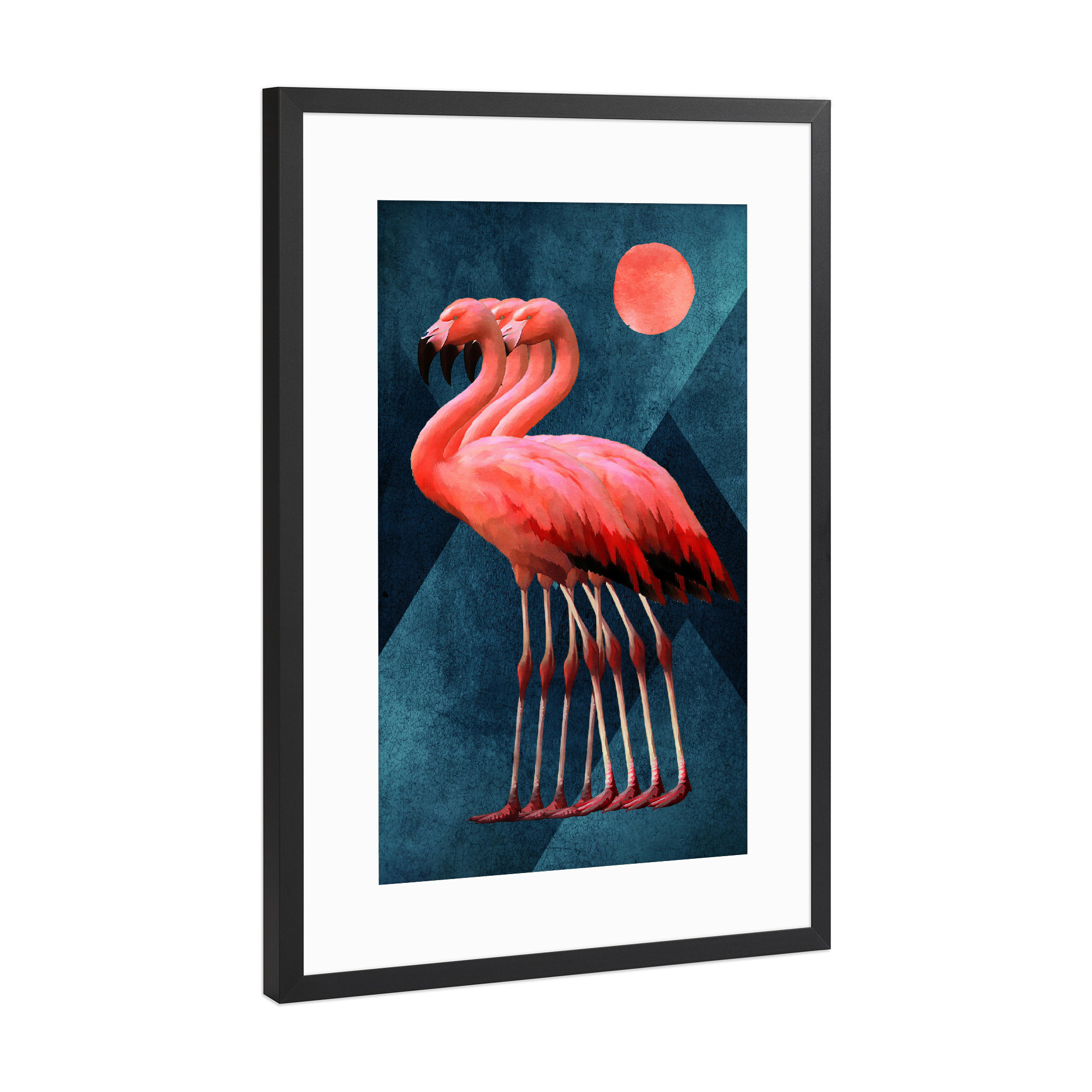 Poster mit Rahmen Schwarz (Metallic) "Four Flamingos at Midnight" artboxONE - Tiere,Geometrie - Vogel,Beschaffenheit,Bürste,Mond,Vierer