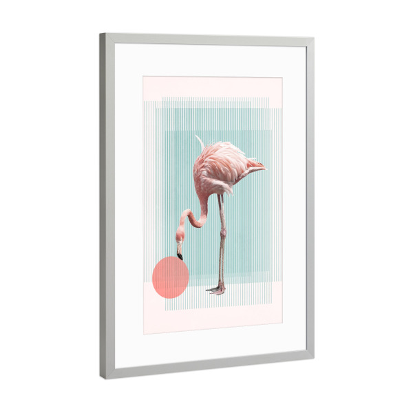 Poster mit Rahmen Silber "Flamingo Playing with a Ball" artboxONE - Tiere - Linien,Flamingo,Ball,Vogel