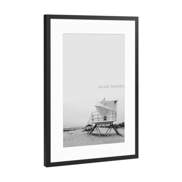 Poster mit Rahmen Schwarz (Metallic) "Eat Well Travel Often" artboxONE - Typografie,Schwarzweiß
