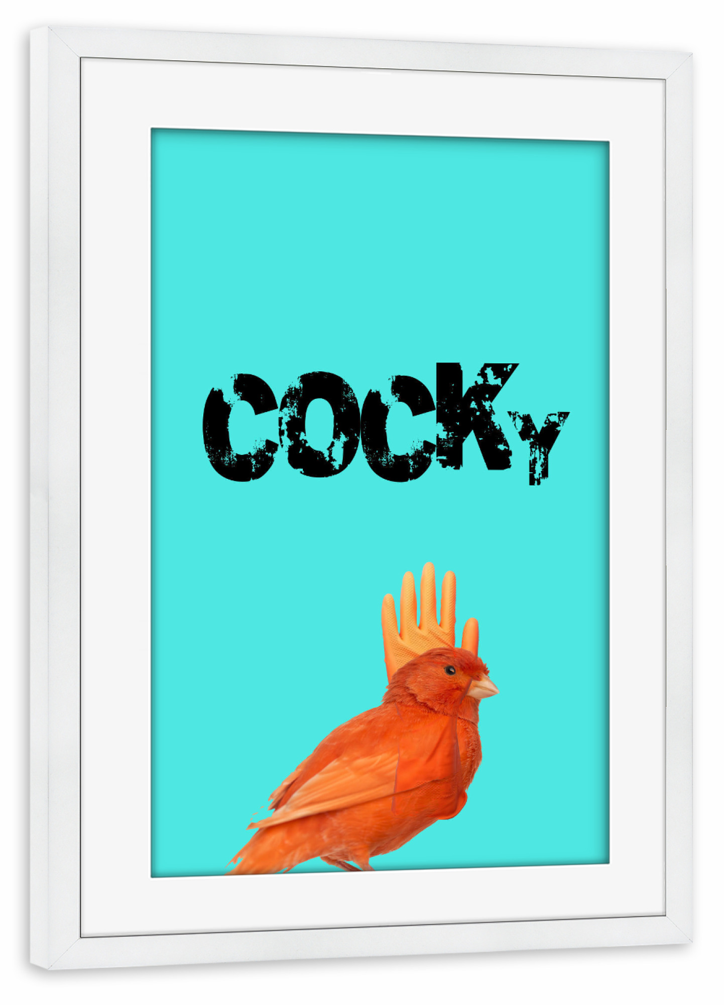 Poster mit Rahmen weiß "Cocky Bird" artboxONE - Typografie,Tiere - Schwanz,Vogel