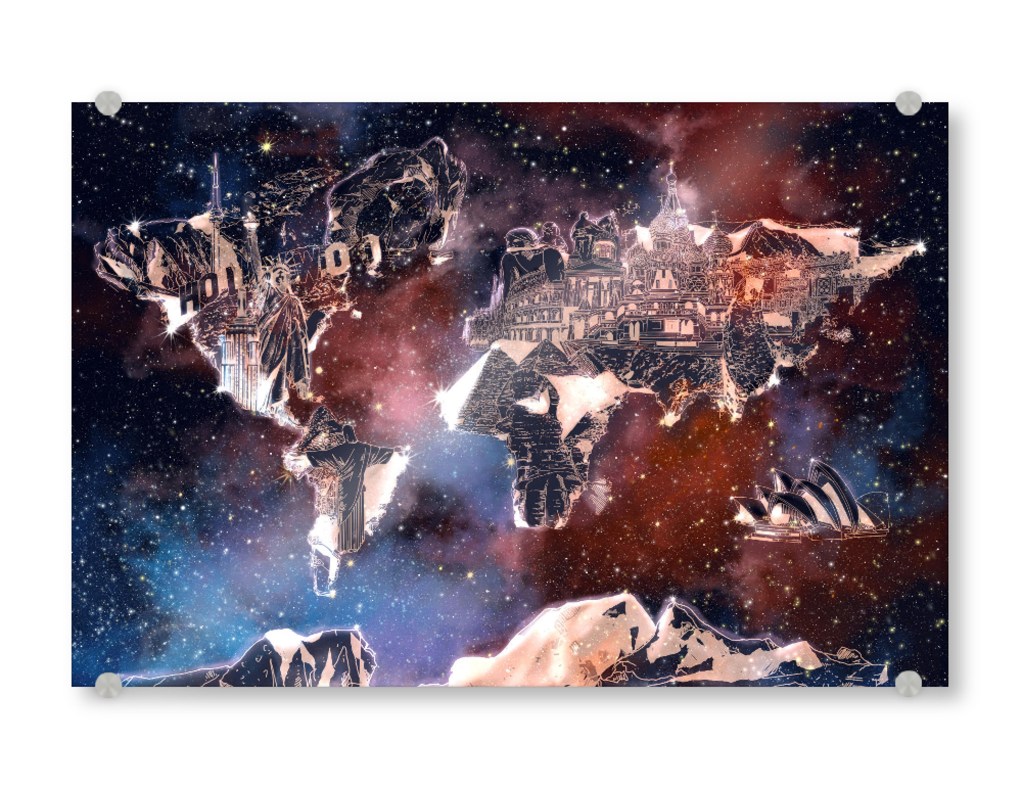 Acrylglasbild "World map landmarks collage 5" artboxONE - Abstrakt,Kartografie,Fiktion,Galaxy