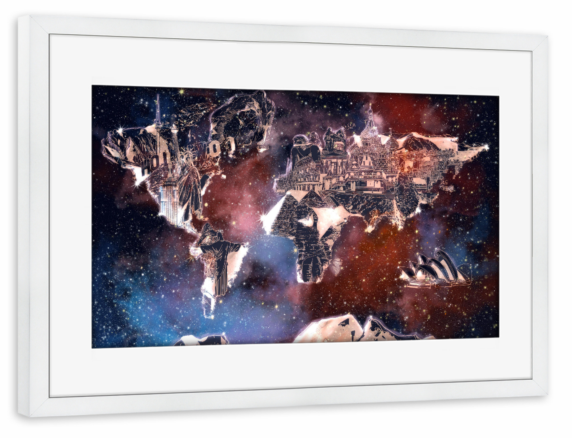 Poster mit Rahmen weiß "World map landmarks collage 5" artboxONE - Abstrakt,Kartografie,Fiktion,Galaxy