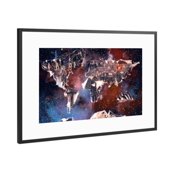 Poster mit Rahmen Schwarz (Metallic) "World map landmarks collage 5" artboxONE - Abstrakt,Kartografie,Fiktion,Galaxy