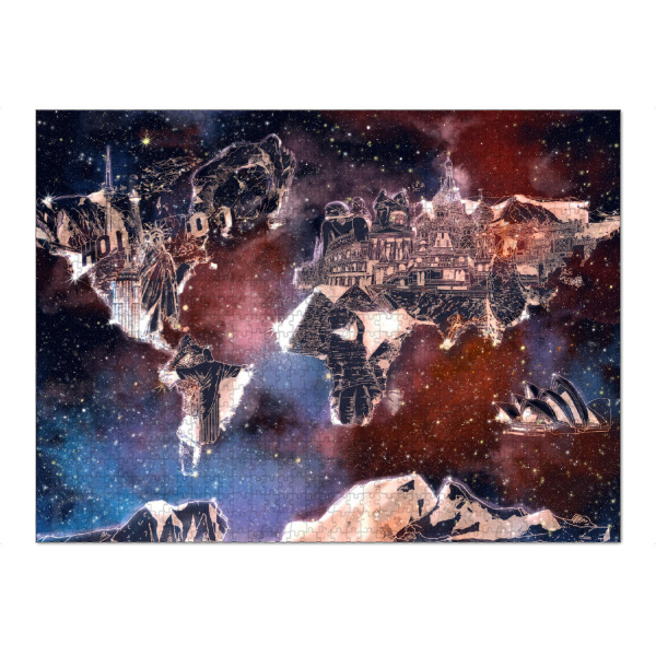 Puzzle Ravensburger "World map landmarks collage 5" artboxONE - Abstrakt,Kartografie,Fiktion,Galaxy