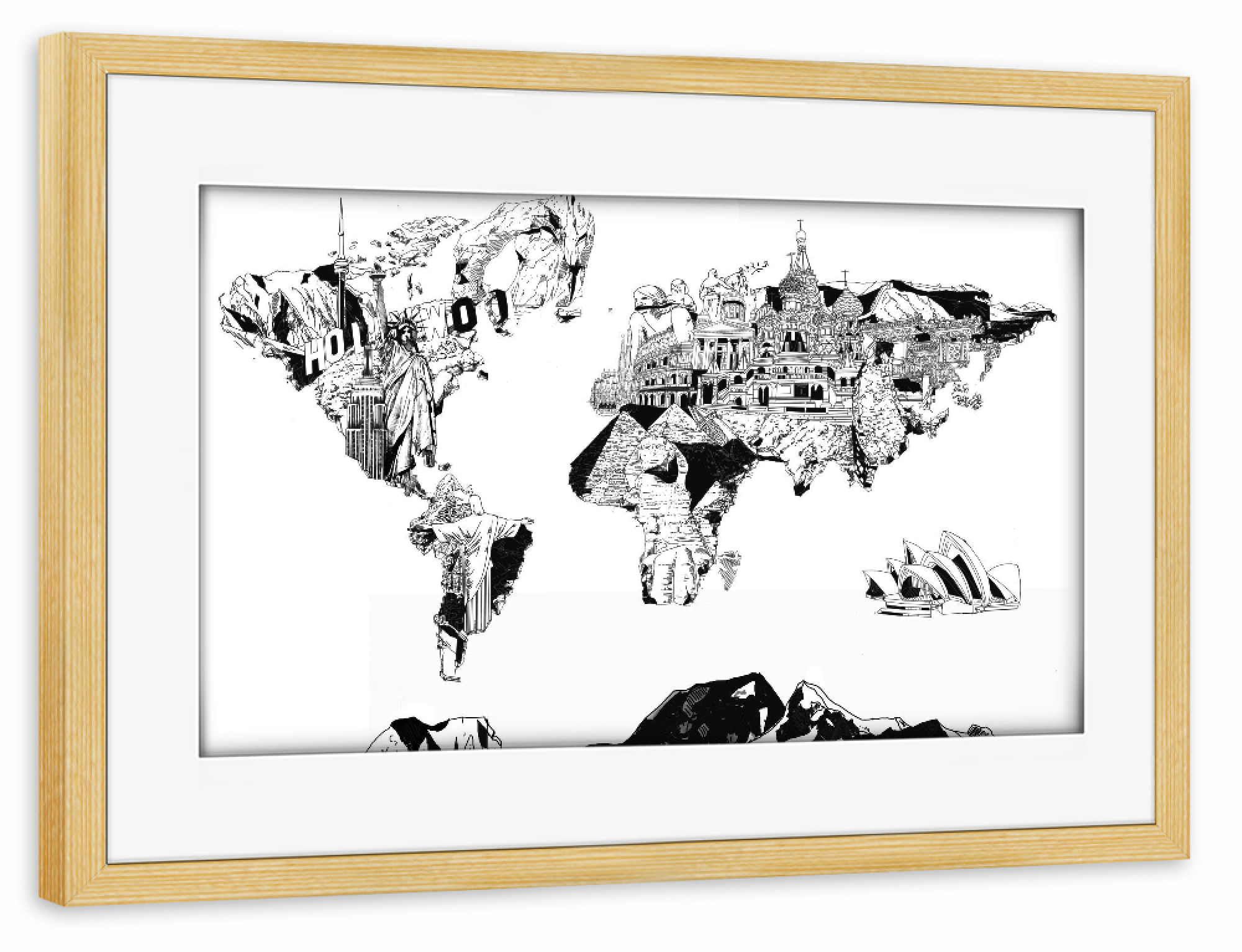 Poster mit Rahmen kiefer "World map landmarks collage 4" artboxONE - Comic,Abstrakt,Schwarzweiß,Kartografie