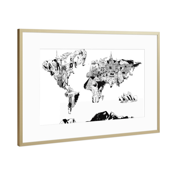 Poster mit Rahmen Gold "World map landmarks collage 4" artboxONE - Comic,Abstrakt,Schwarzweiß,Kartografie