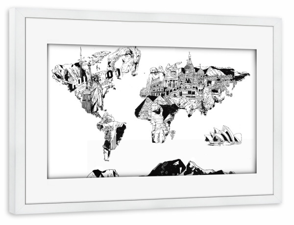 Poster mit Rahmen weiß "World map landmarks collage 4" artboxONE - Comic,Abstrakt,Schwarzweiß,Kartografie