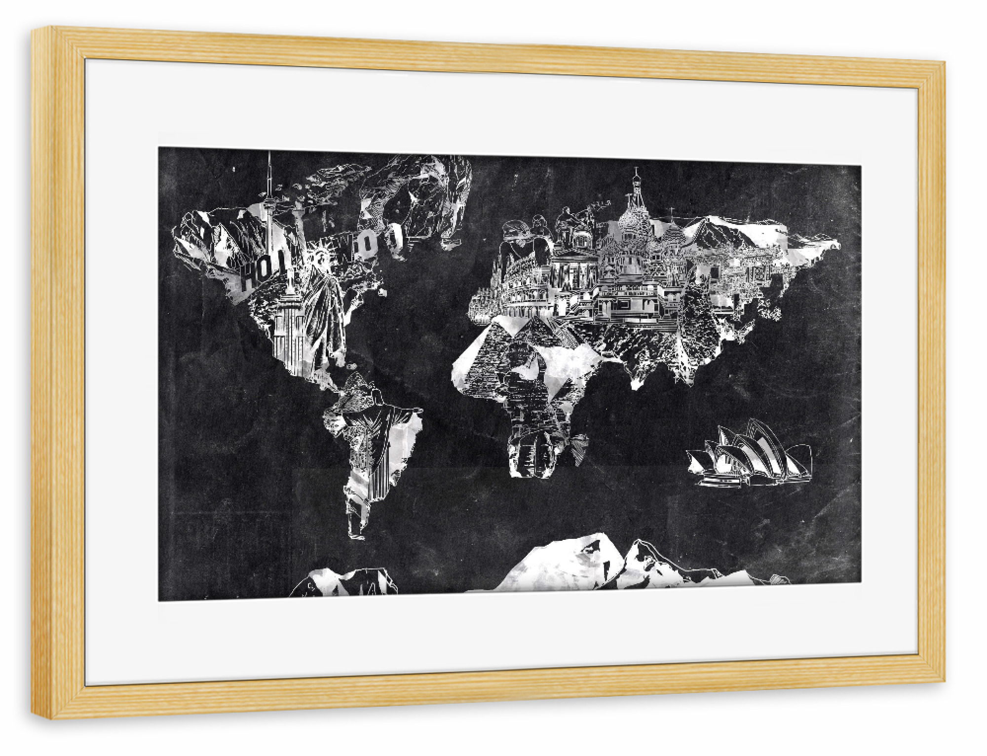 Poster mit Rahmen kiefer "World map landmarks collage 3" artboxONE - Comic,Abstrakt,Schwarzweiß,Kartografie