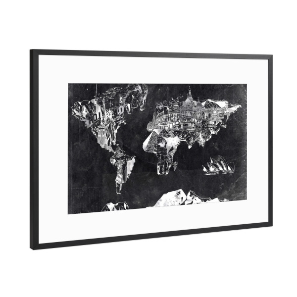 Poster mit Rahmen Schwarz (Metallic) "World map landmarks collage 3" artboxONE - Comic,Abstrakt,Schwarzweiß,Kartografie