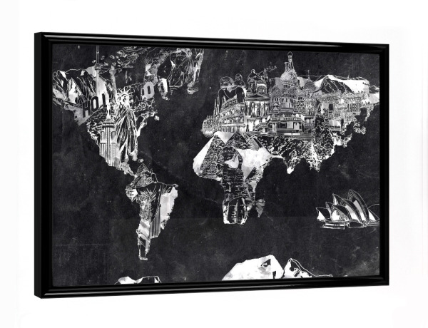 Poster mit schwarzem Rahmen "World map landmarks collage 3" artboxONE - Comic,Abstrakt,Schwarzweiß,Kartografie